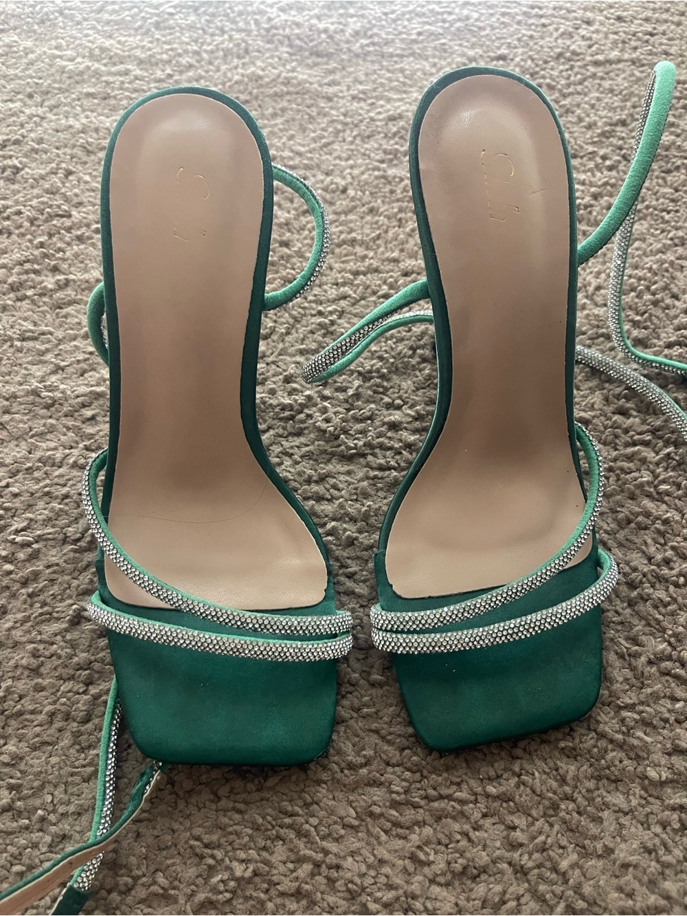 SHEIN Emerald Green Strappy Square-Toe Heels with Rhinestone Wrap